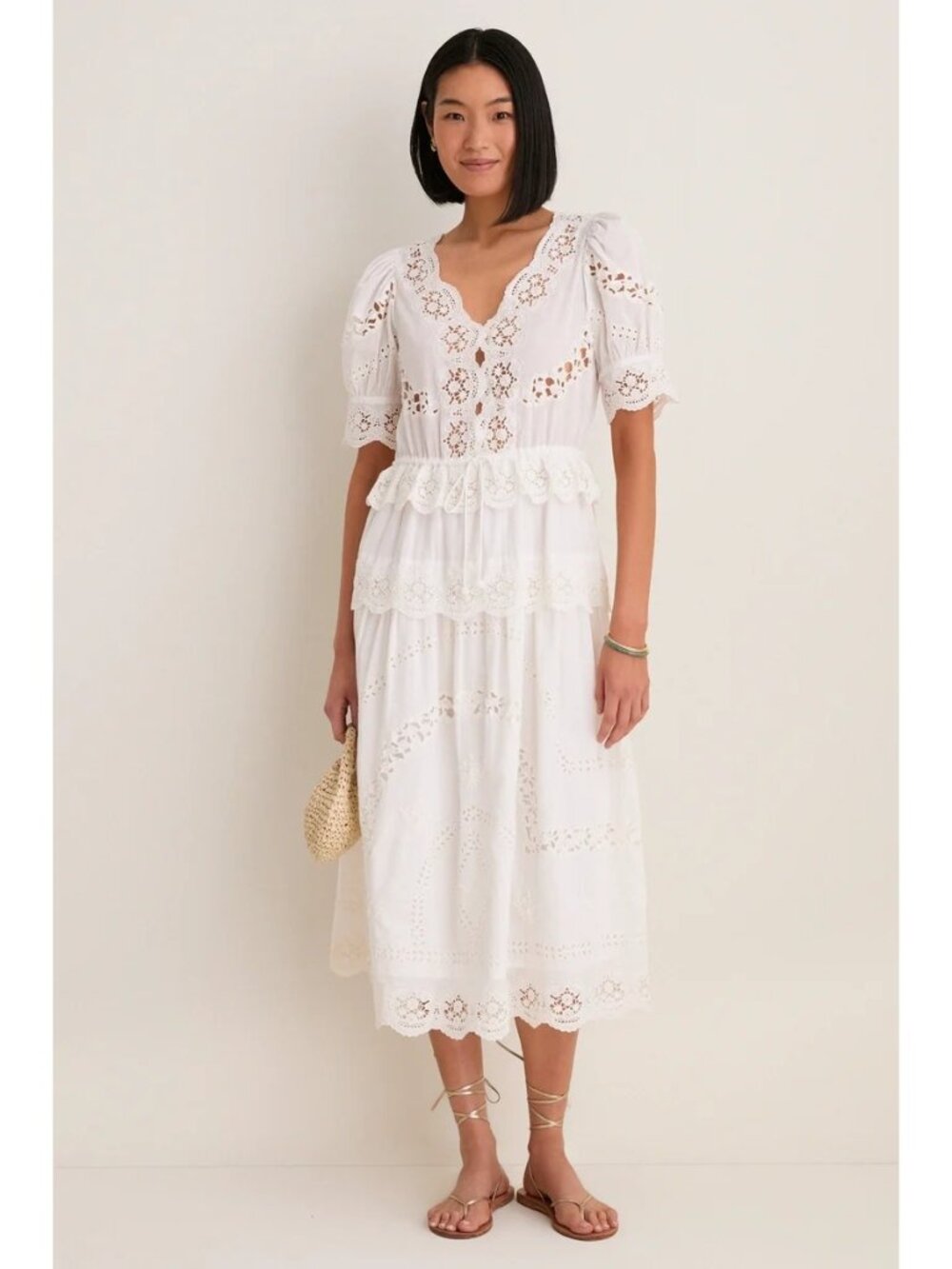 SEA NEW YORK Sofia Embroidery Puff Sleeve Dress Cream Size Large NWT
